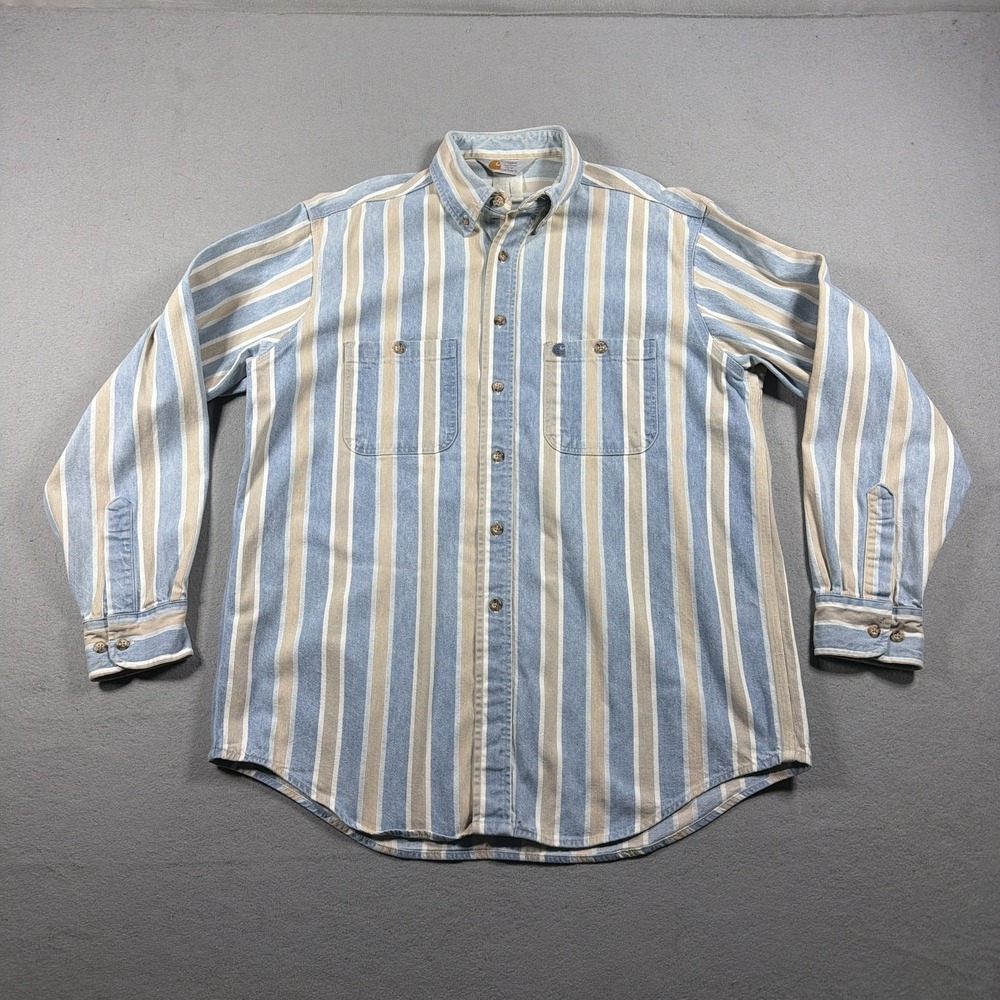 Vintage Carhartt Denim Shirt Men Large Blue Tan Striped Long Sleeve Workwear